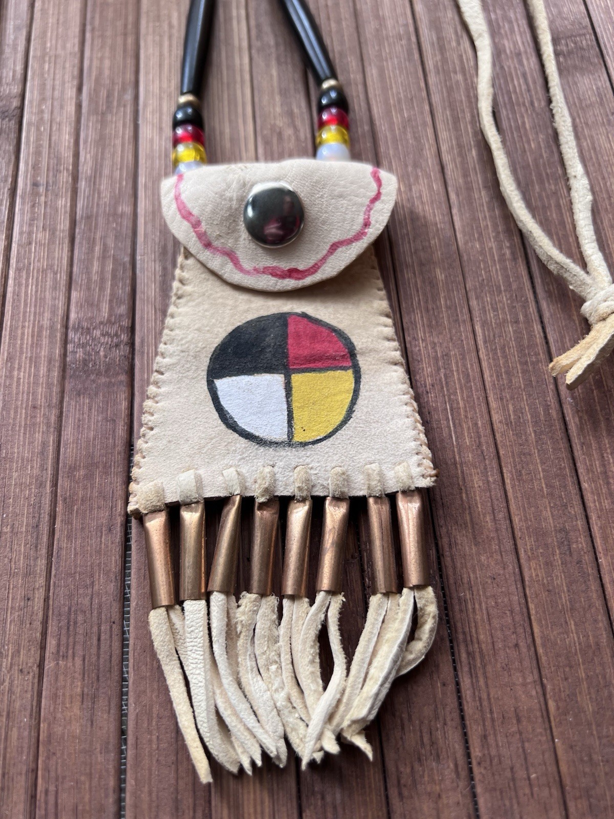 Alan Monroe Oglala Lakota Signed Leather Medicine Wheel Pouch Necklace