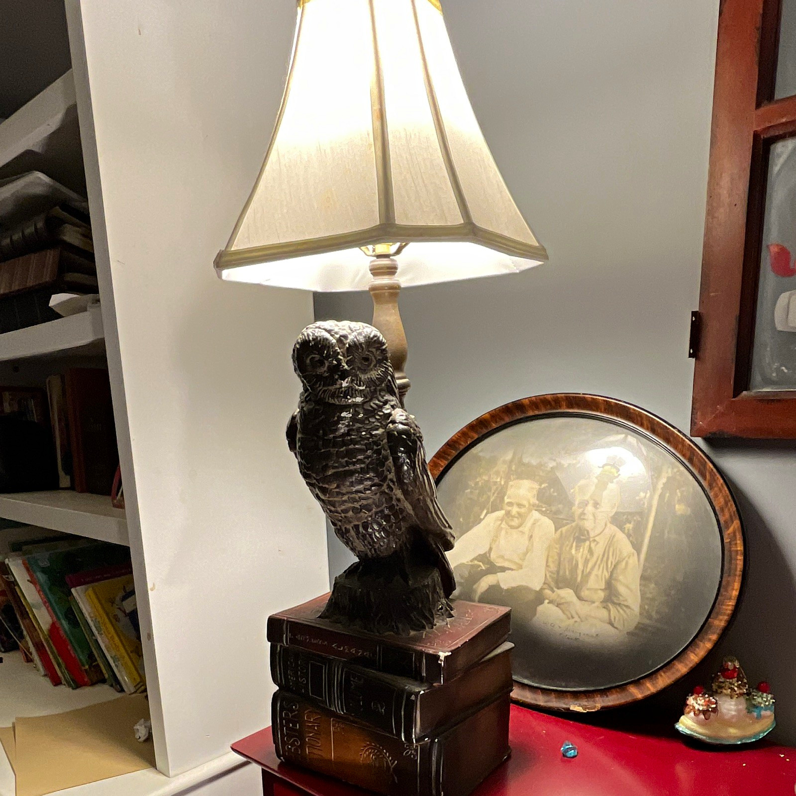 Antique Mid Century Modern Owl Figure Statue on Stacked Books Resin  Lamp 