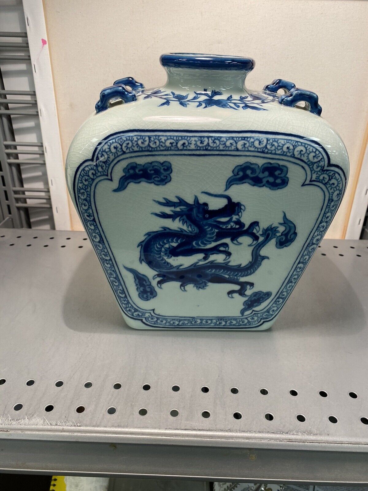 Asian Blue & White Rectangular Vase - Dragon Motif - with Hallmark
