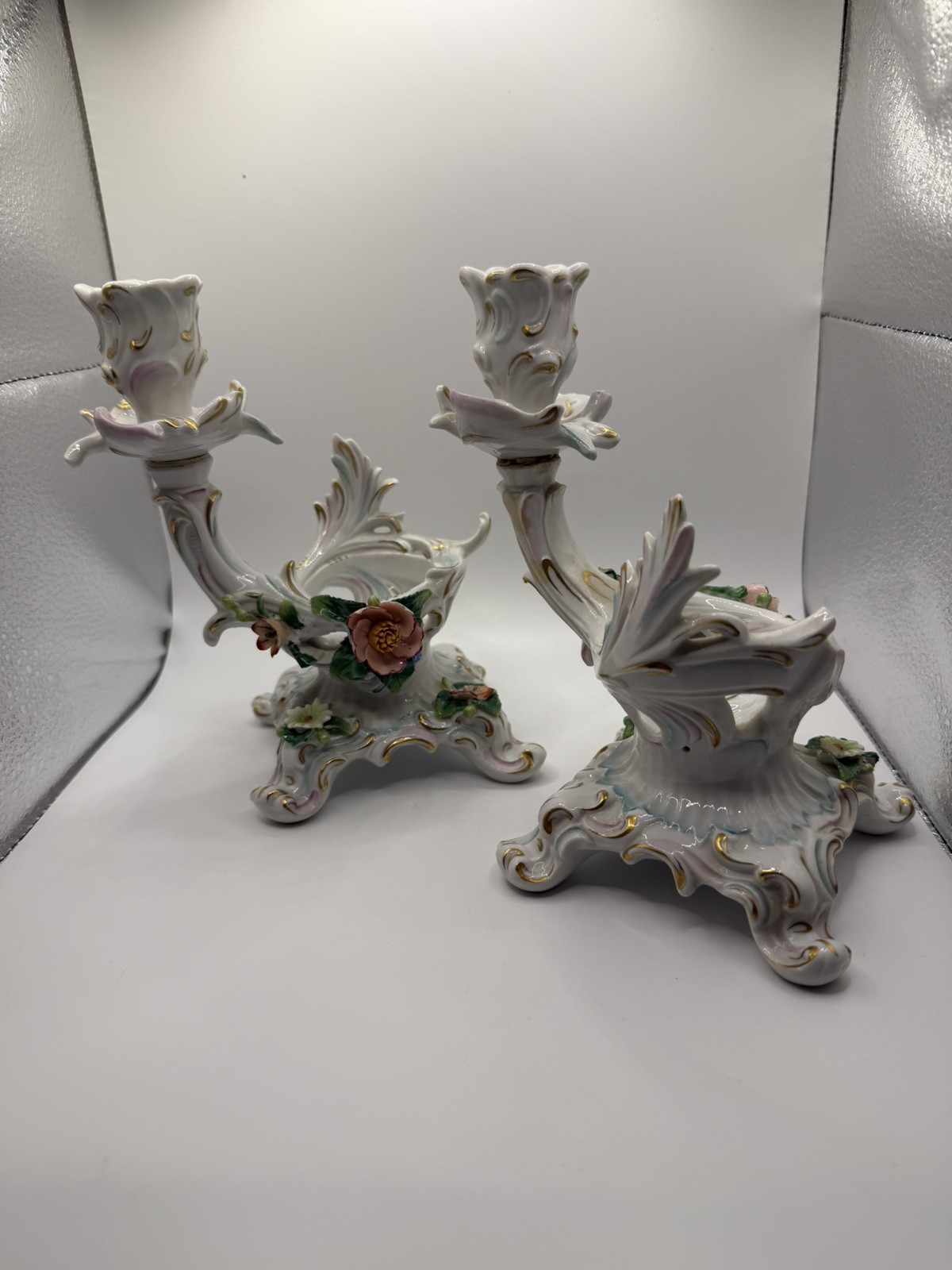 Antique Sitzendorf Germany Porcelain Candlestick Pair Floral Rococo Gold 7”