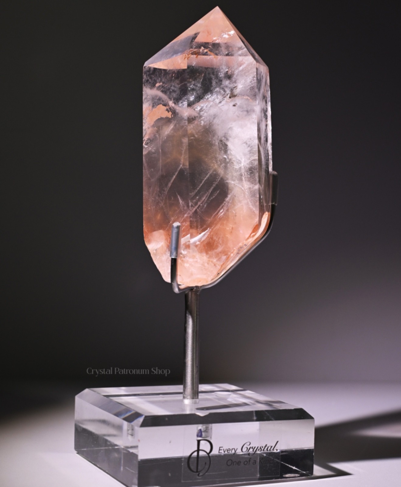 Large Clear Quartz Crystal Point Orange Mineral Inclusions w/ Acrylic Stand 600g