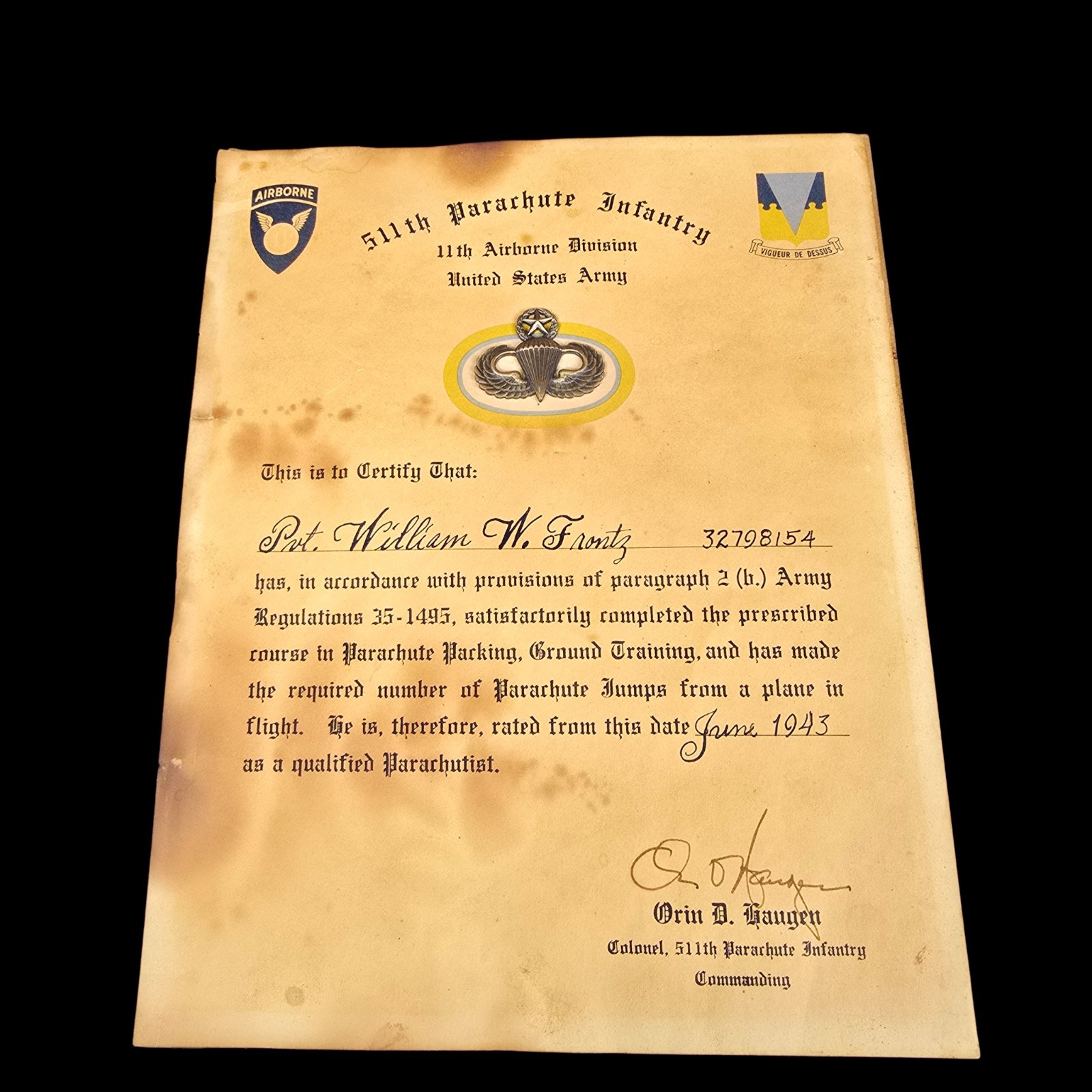 WWII 11th Airborne 511 PIR parachute certificate Pvt. Frontz Signed Col. Haugen