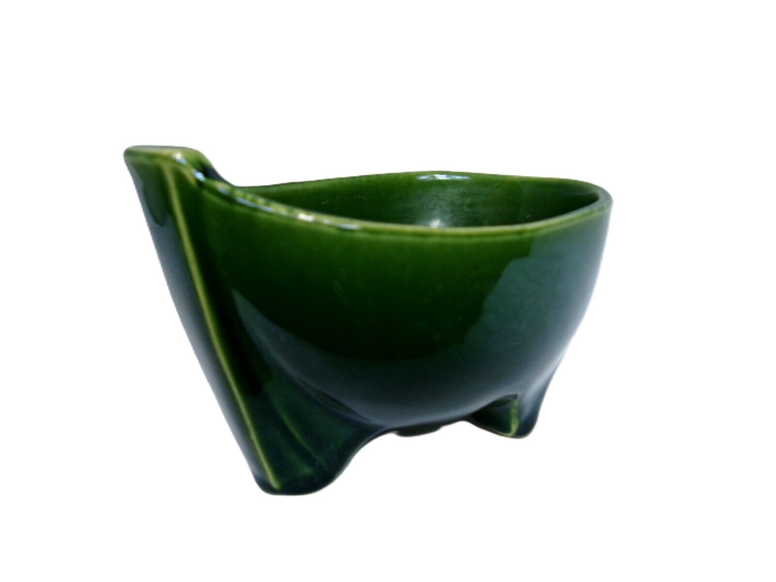 Striking McCoy MCM Vintage Green Glazed Pottery Footed Teardrop Bowl Dish