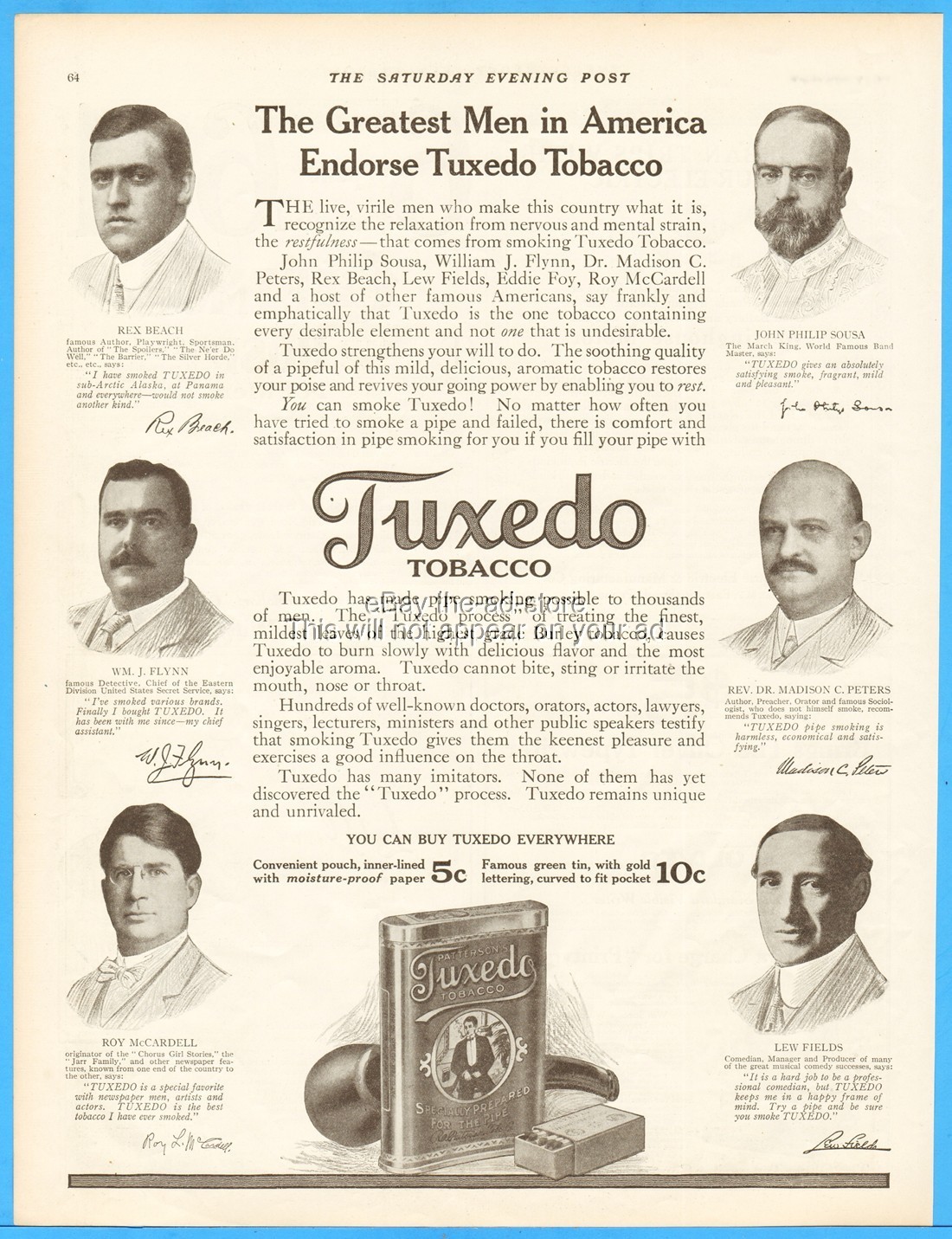 1912 Patterson\'s Tuxedo Pipe Tobacco John Philip Sousa Rex Beach Lew Fields Ad