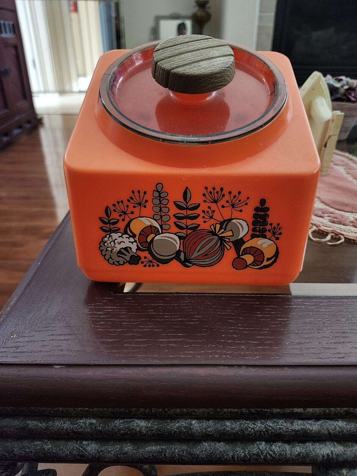 Vintage Rubbermaid  Orange Canister MCM Mushroom/Veggie Pattern 