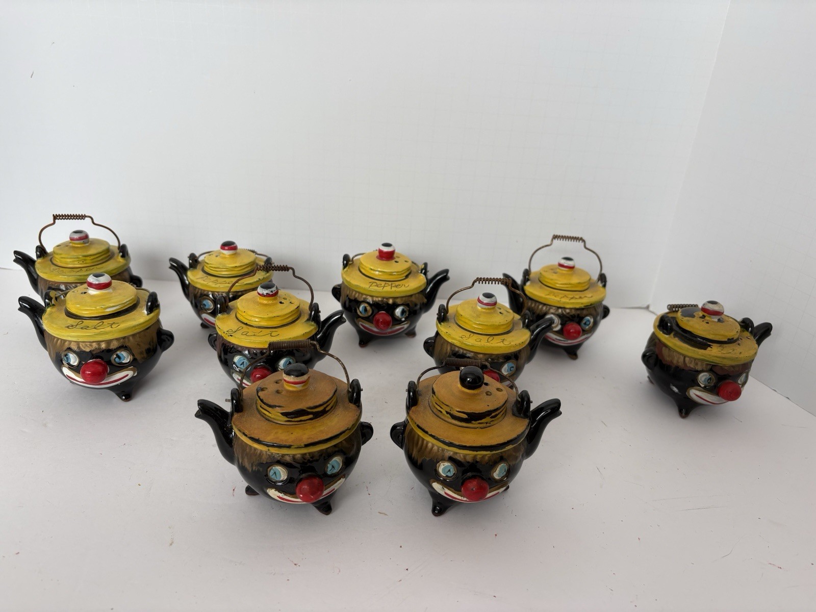 Vintage Thames Clown Face Kettle Salt & Pepper Shakers Redware Yellow Black MCM