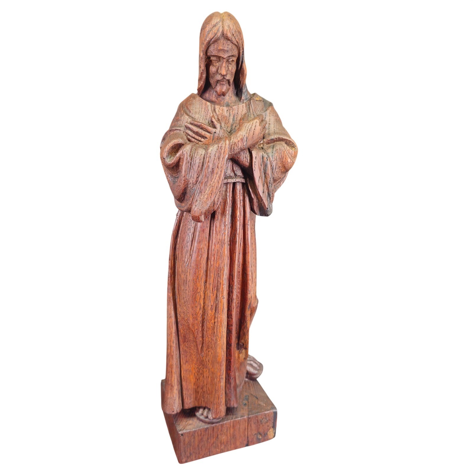 Jesus Statue 15in 1930s Black Forest Oak Hand Carved Religious Folk Art signed