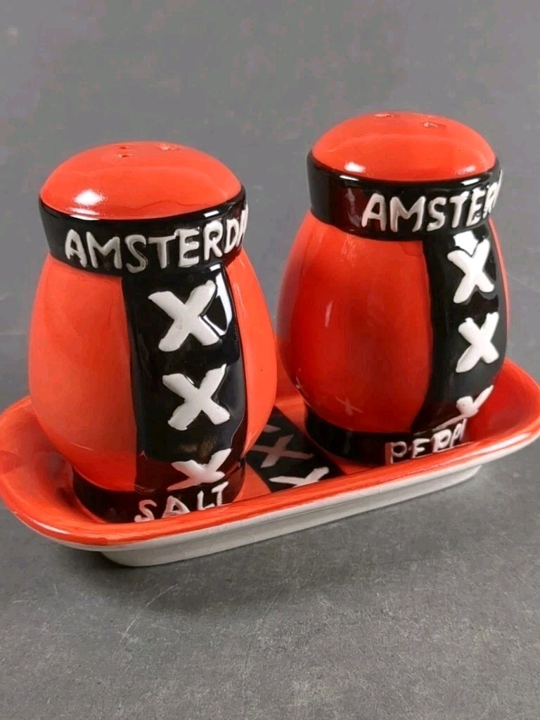 Amsterdam Holland Salt Pepper Shakers with Tray Hand Painted Dutch Souvenir