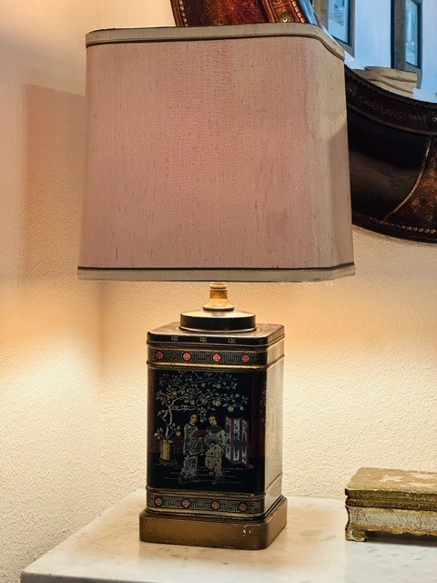 Vintage Frederick Cooper Chinoiserie Tea Canister Table Lamp - Original Silk Shd