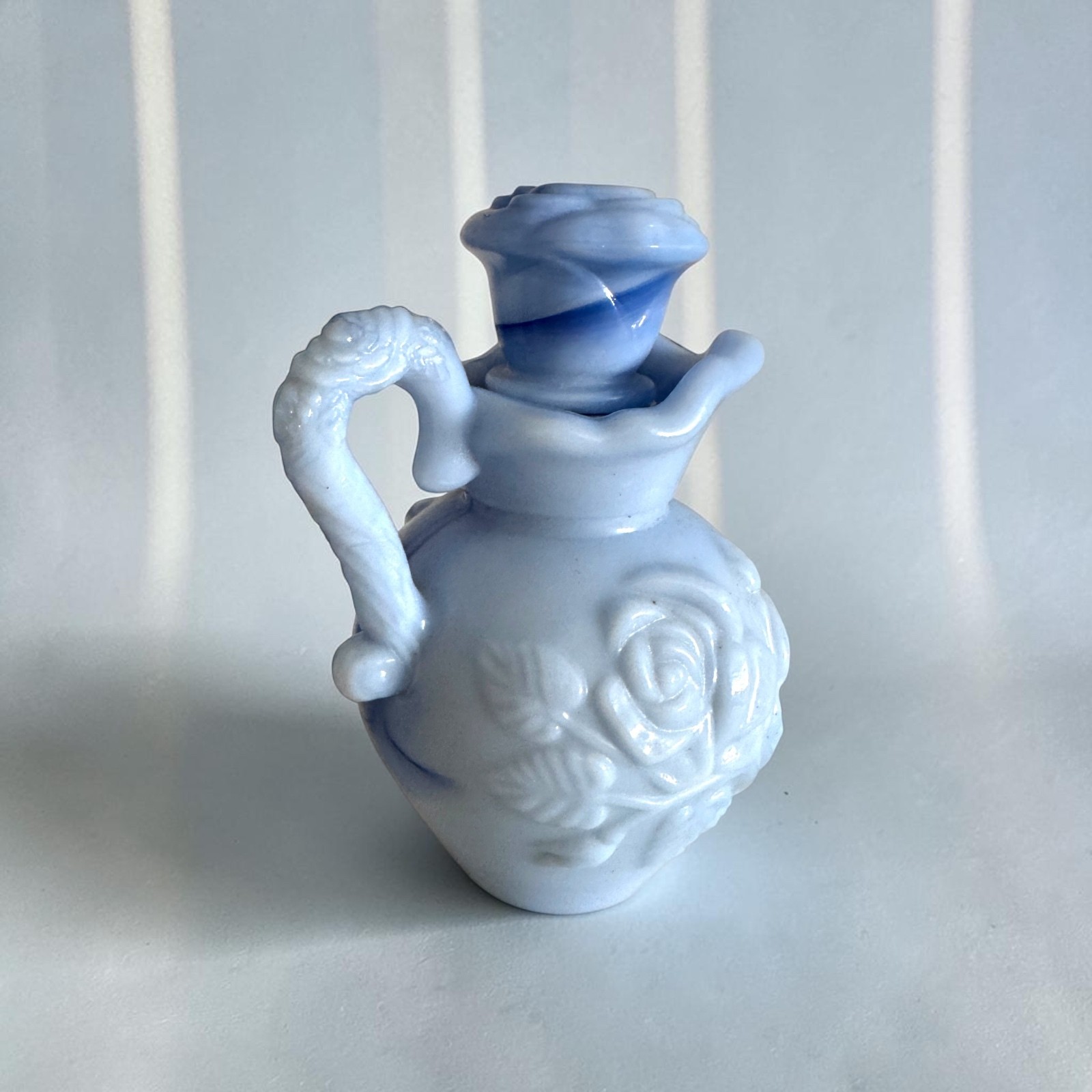 Vintage 1978 Avon Victoriana Blue Milk Glass Cruet Decanter, Embossed Rose Motif
