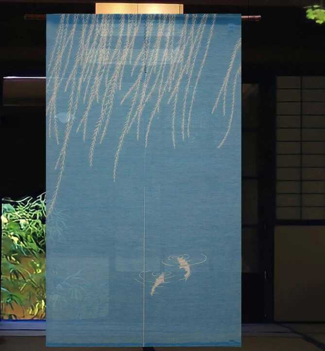 Kyoto Noren Curtain by Manyosha - Linen Blend Summer Divider Willow & Koi Design