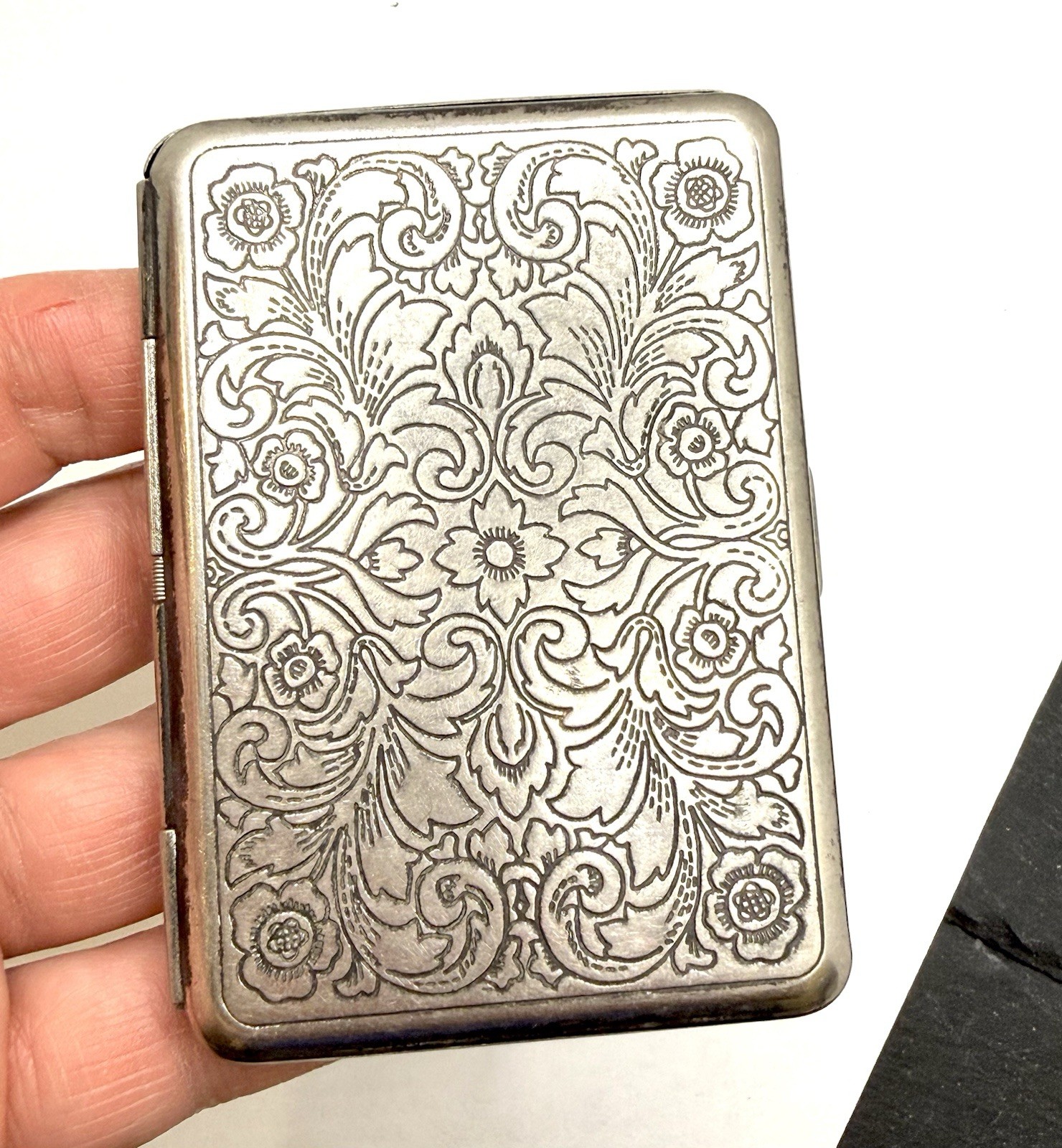 Floral Etched Cigarette Case Business Cards Vintage
