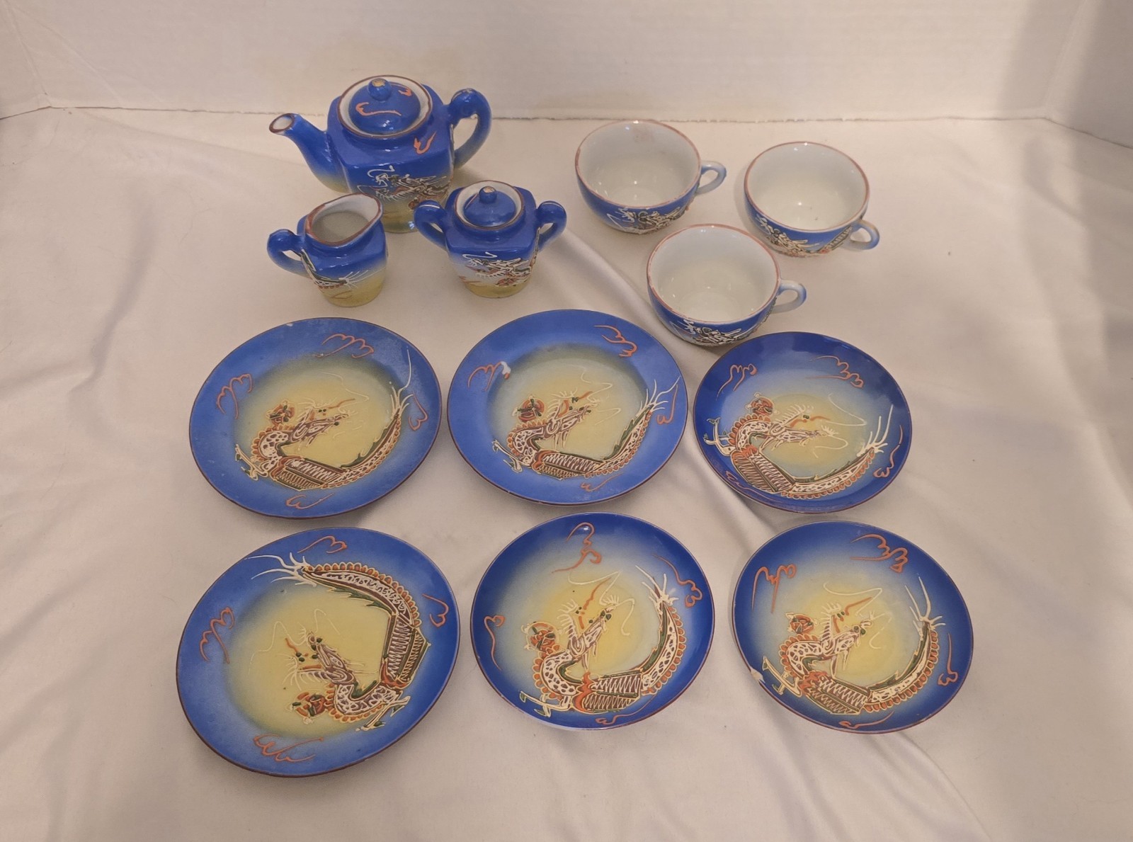 Vintage 1930-50 Japanese Dragonware Child\'s Tea Set Moriage Blue