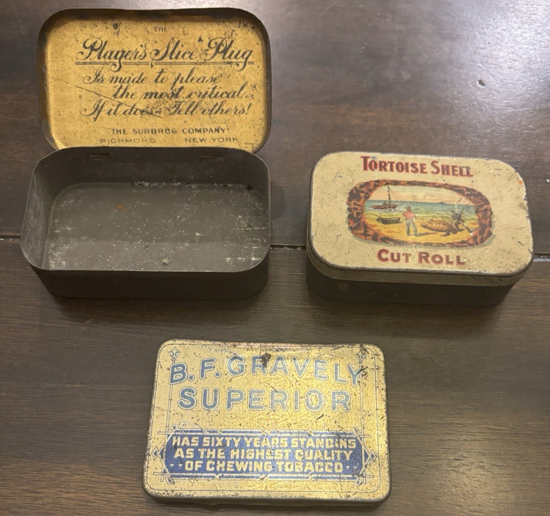 Vintage Early 1900s BF Gravely Superior Tortoise Shell Cut Roll Tobacco Tin Lot