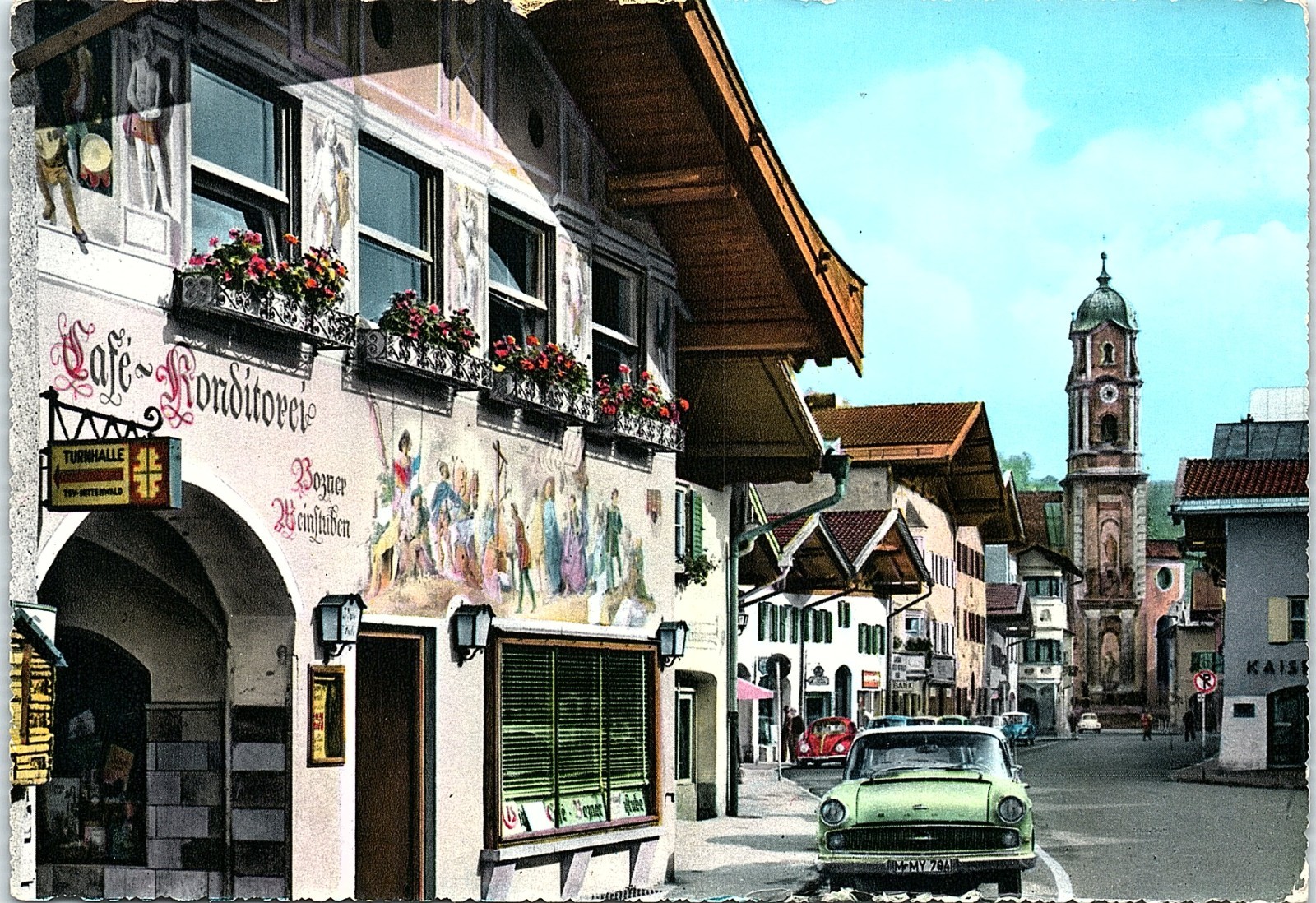 Vintage Postcard Mittenwald Obermarkt Parish Church Germany 1962 APO Vintage Postcard Mittenwald Obermarkt Parish Church Germany 1962 APO