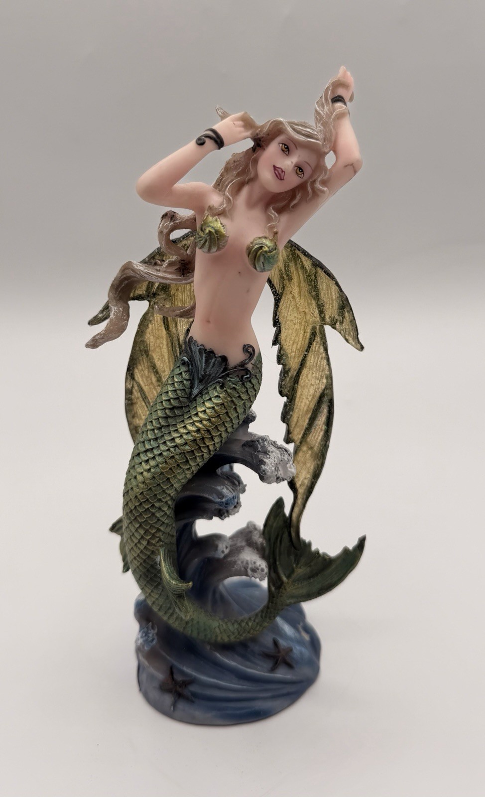 Mermaid Fairy  w/ Wings Riding an Ocean Wave Mythical Fantasy Figurine