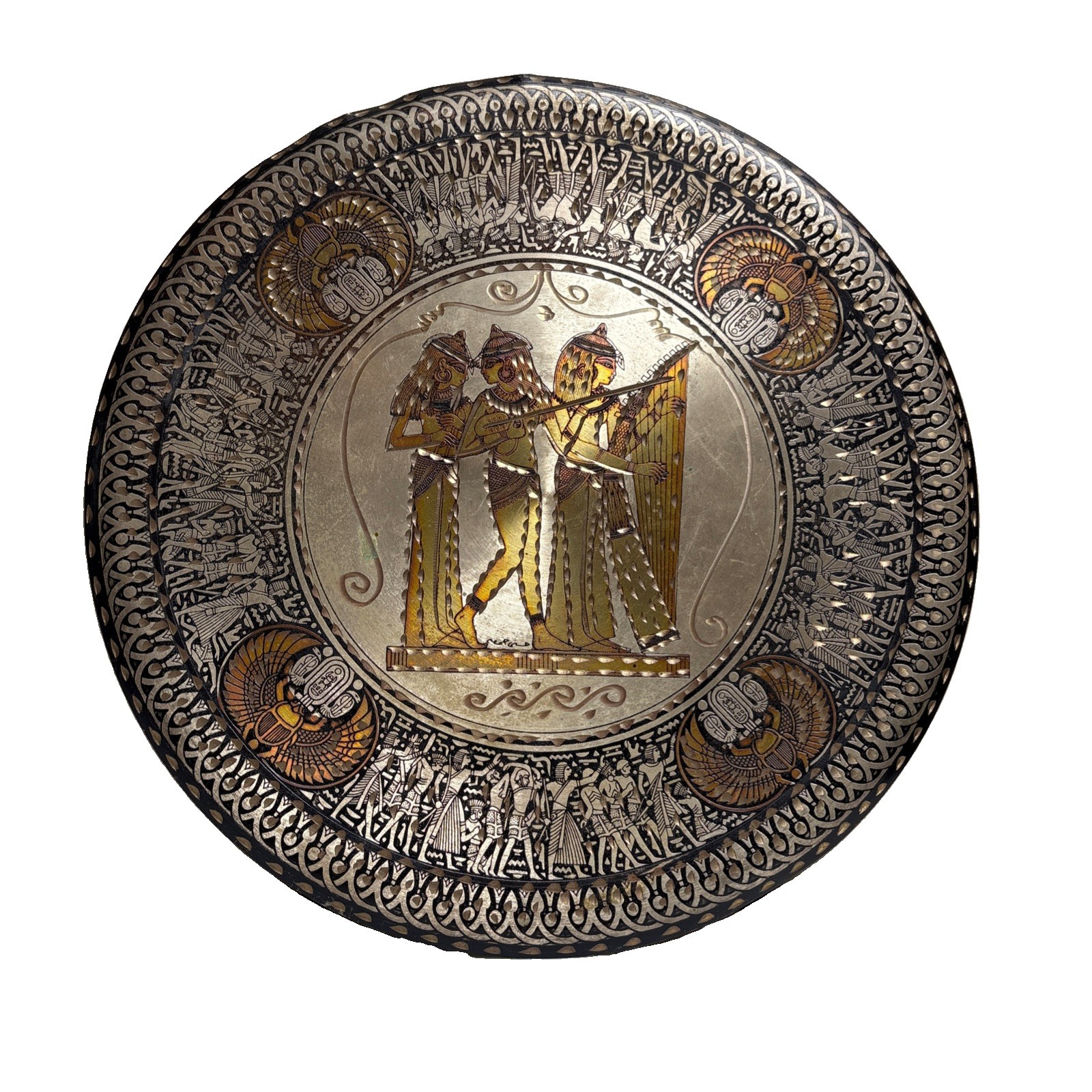 Vintage Hosny Gomaa Hand Etched Egyptian Wall Plate Copper Three Musicians Art