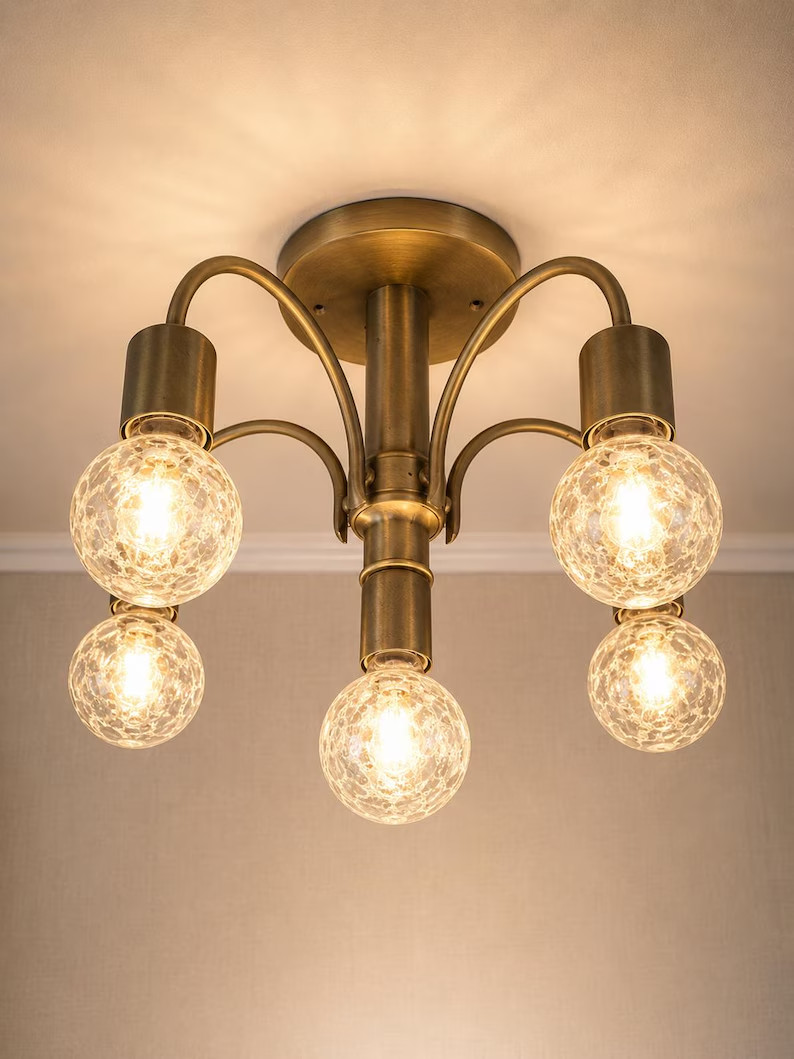Vintage Helestra Ceiling Light | 5 Light Brass Chandelier | German Mid Century L