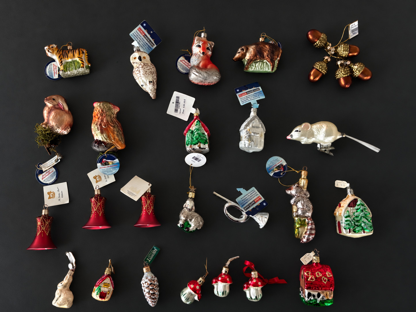 24 Vintage Glass Christmas Ornaments German USA Animals Houses Bells w Tags