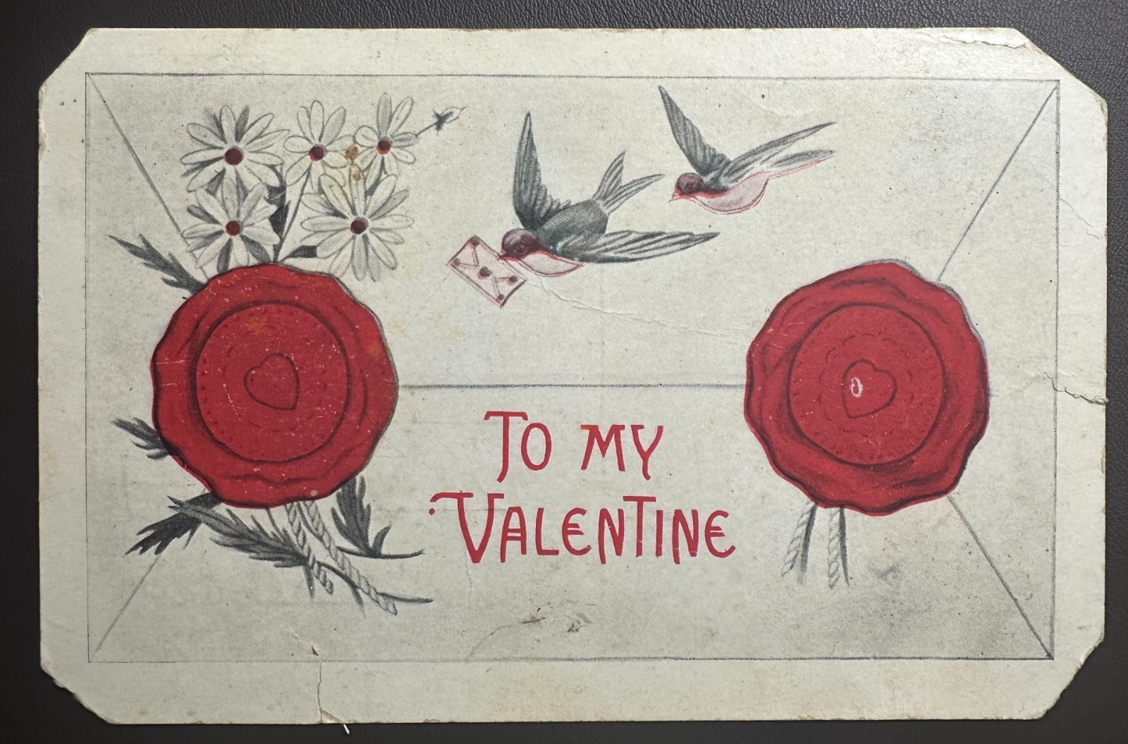 c1910 Valentine Postcard Envelope Wax Seal Swallows Love Letter Antique