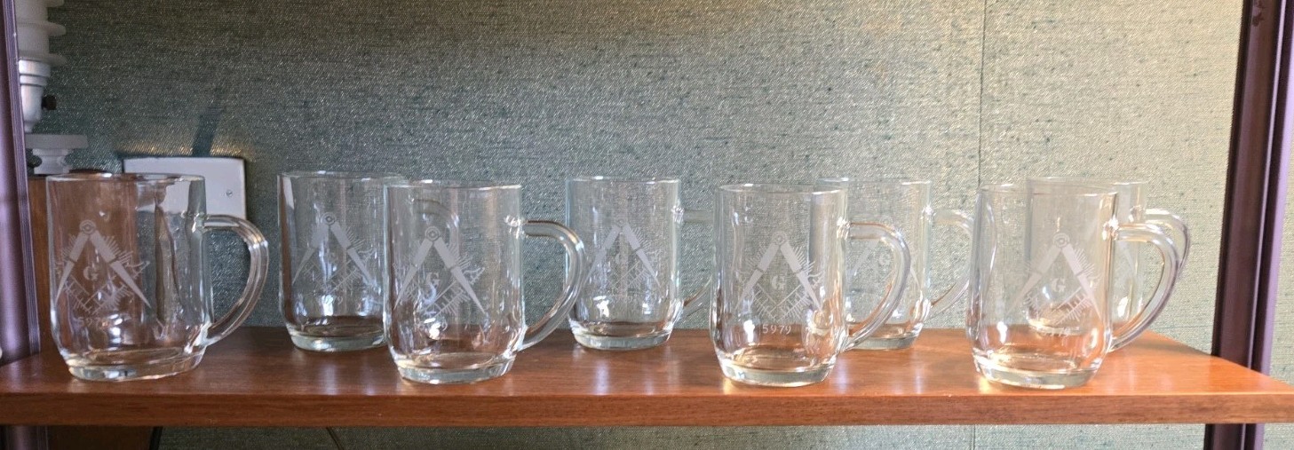 Vintage 1979 Masonic Glass Beer Mugs COMPLETE SET OF 8 Made in France 5979
