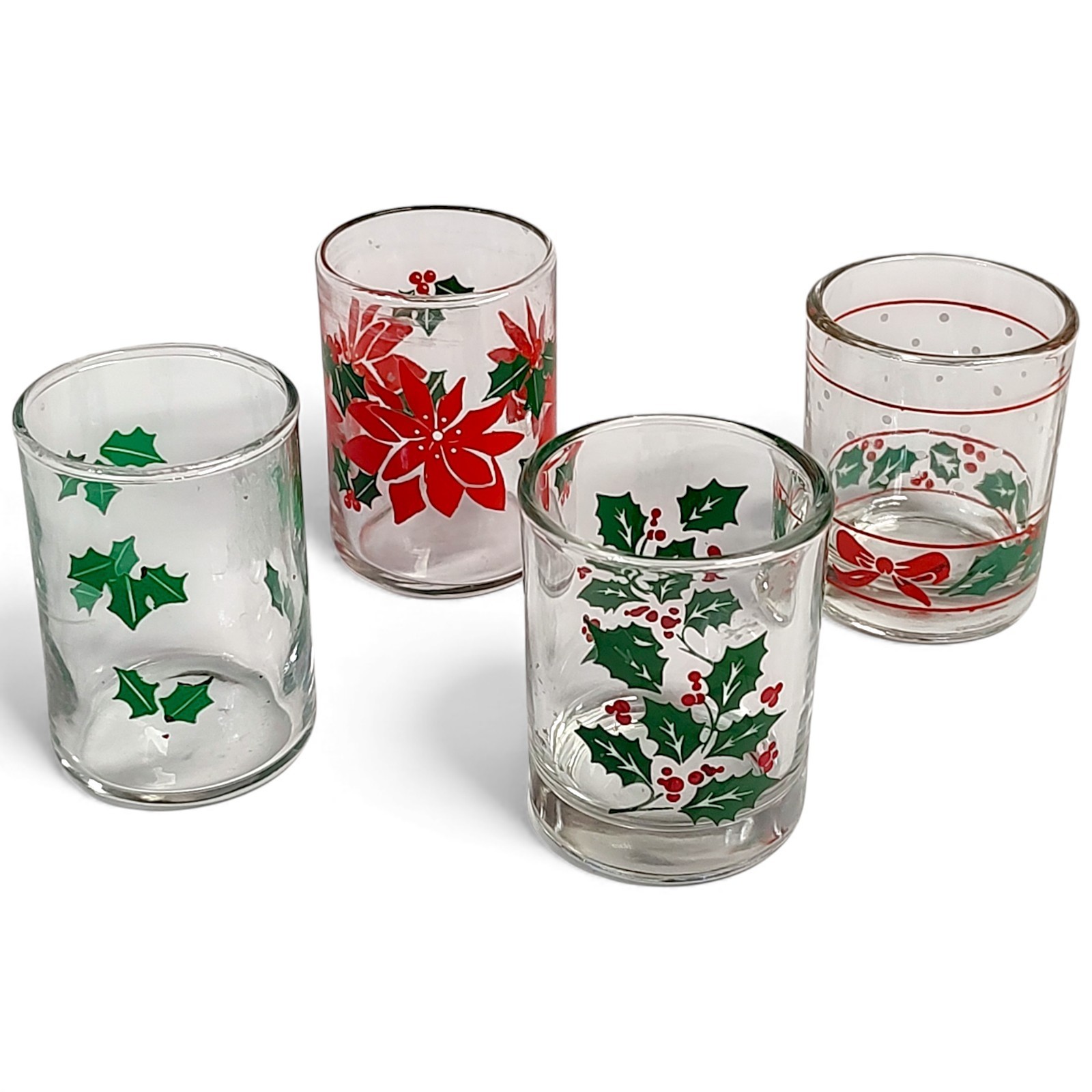 4 VTG Christmas Glass Votive Holders. Holly Berries Leaves Poinsettias Bows 2.75