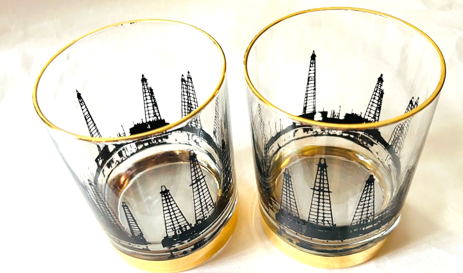 2 Rare Vintage 1960\' Cera Derrick Rig Oil 22K Gold Trim Glasses Low Ball MCM LOT