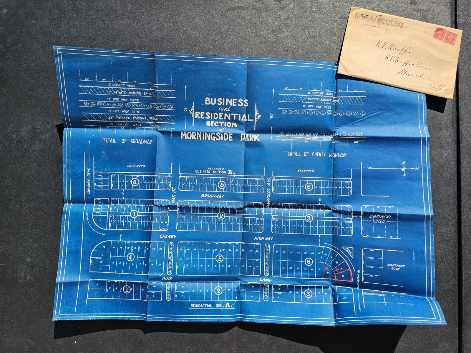 Antique 1920s Florida Land Boom Blueprint Plat Map & Envelope Indian River City