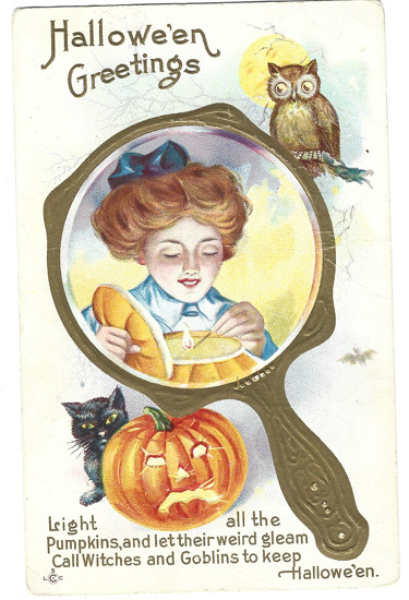Atq Halloween Postcard Woman in Mirror Series 248 C Cat JOL Owl Unposted