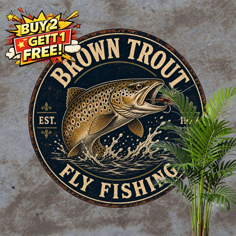 Fly Fishing Trout Artwork Round Metal Sign Angler Cabin Wall Decor Plaque 8x8