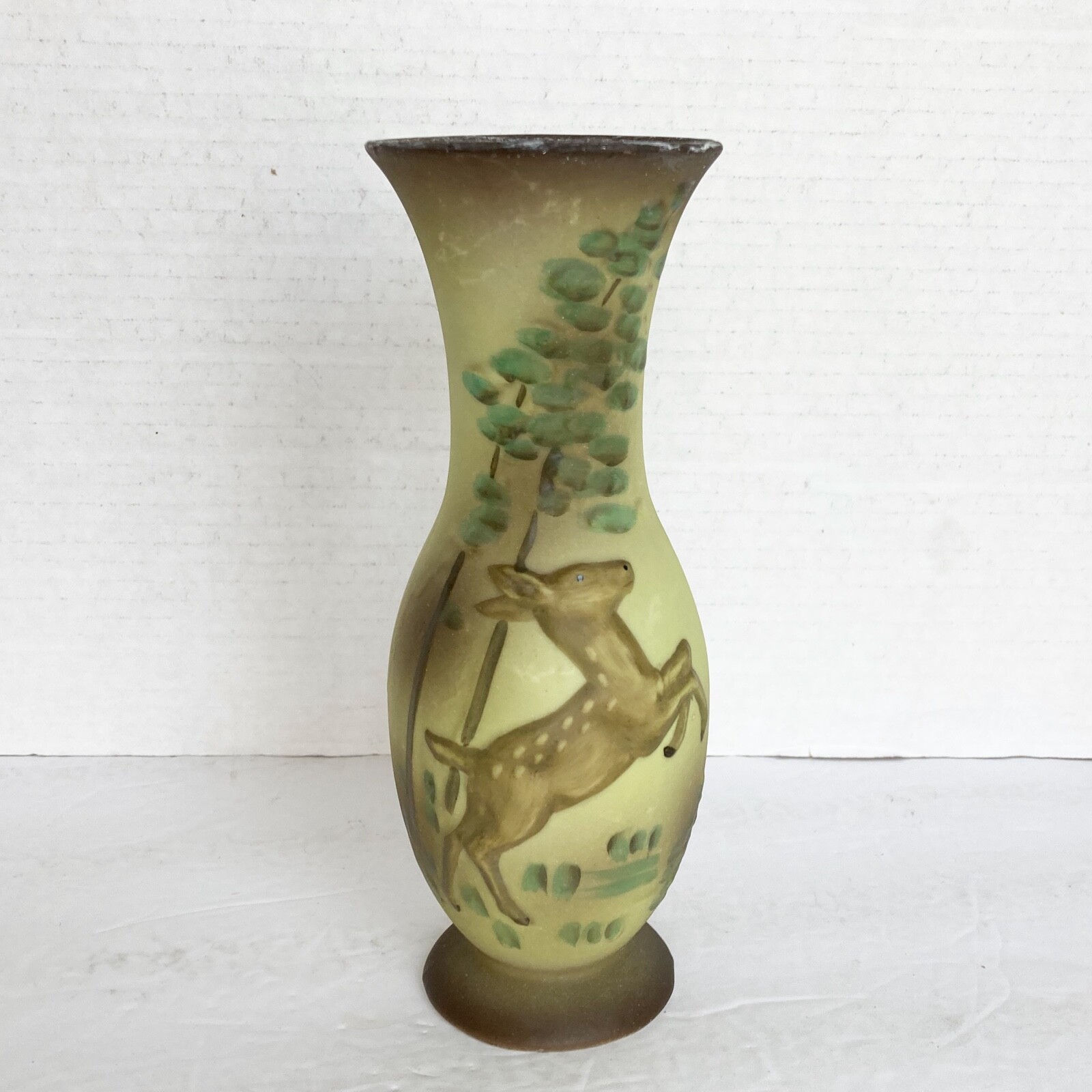Vintage Ucagco Deer Spotted Fawn Pine Tree Vase Painted 8” Ceramic Porcelain