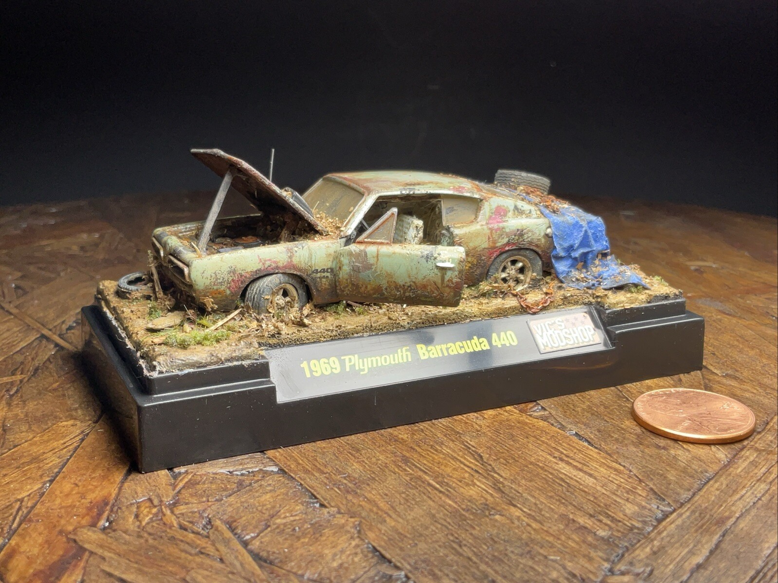 1/64 Abandoned '69 Plymouth Barracuda 440 Mini-Diorama diecast desk art ooak