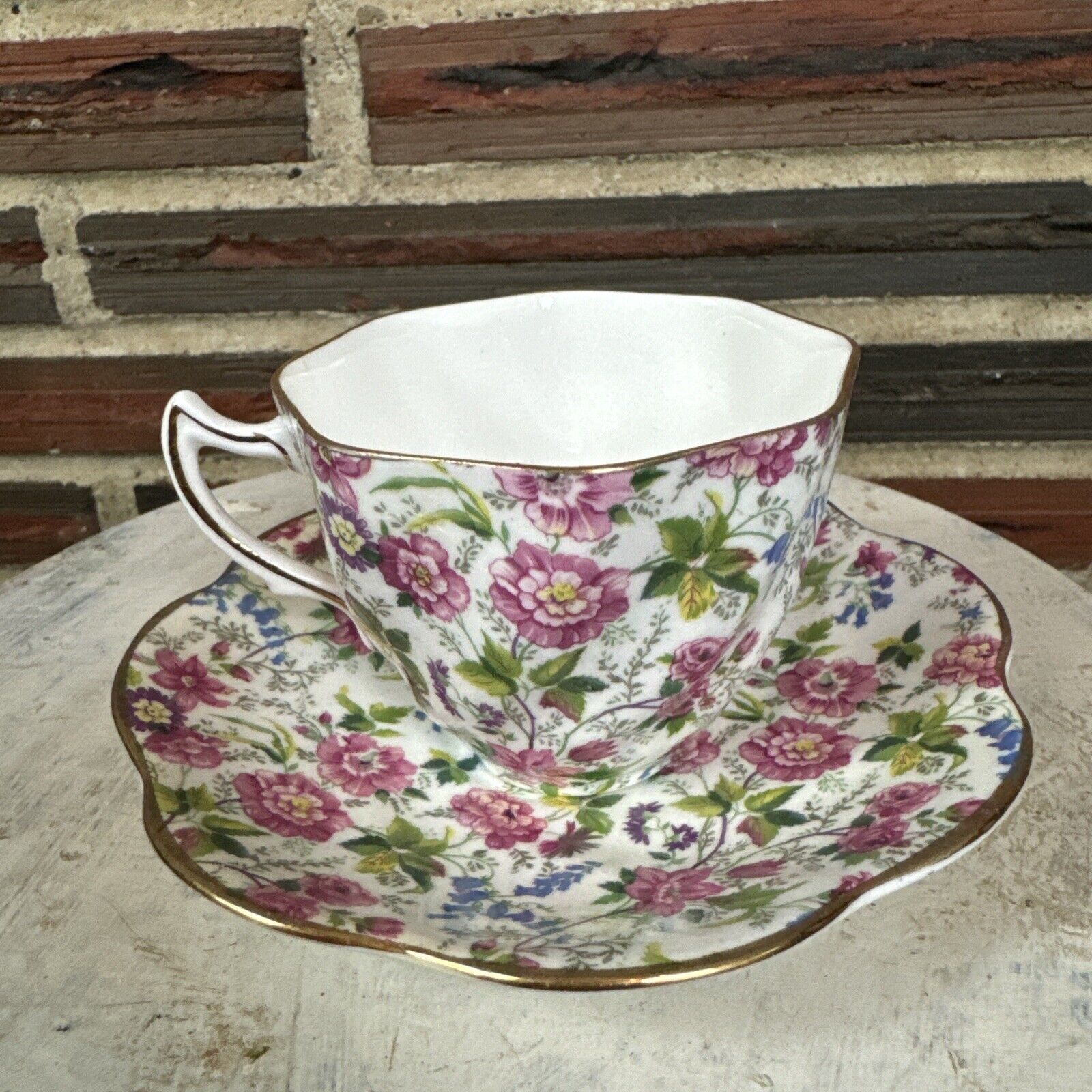 Vintage Rosina Floral Tea Cup & Saucer Set White Pink Flowers Scalloped Edges