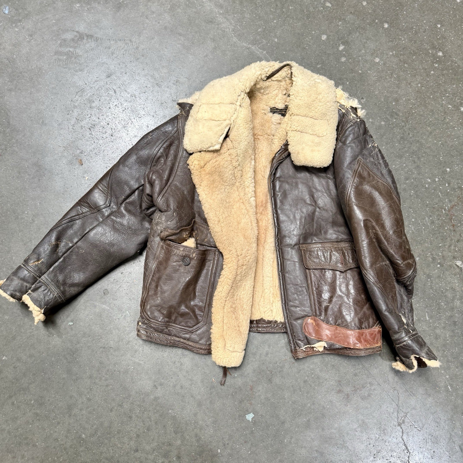 Original WWII US Navy M-445a Shearling Flight Jacket Distressed For Parts Restor