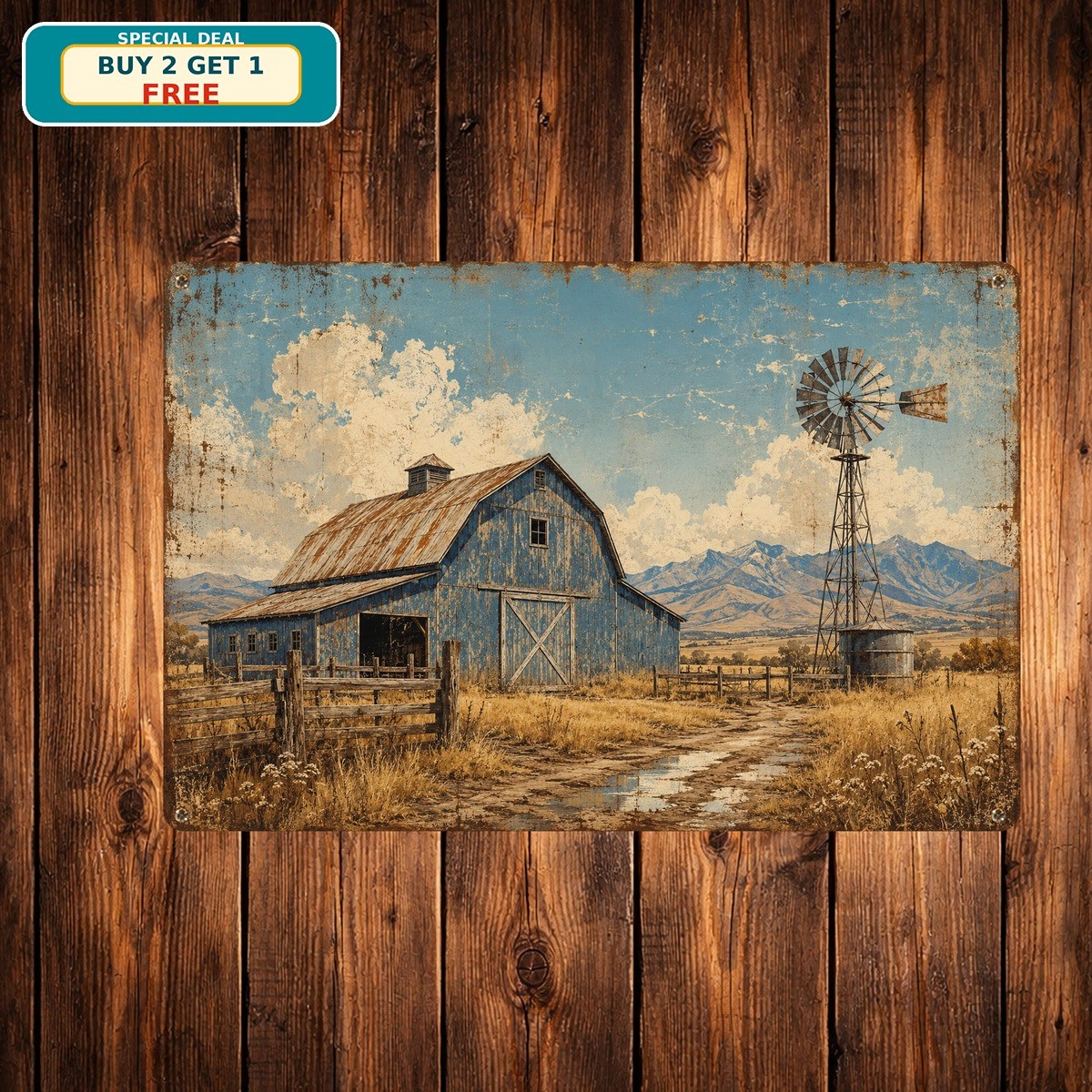 Country Barn Windmill Farmhouse Landscape Rural Art Vintage Metal Sign 8x12