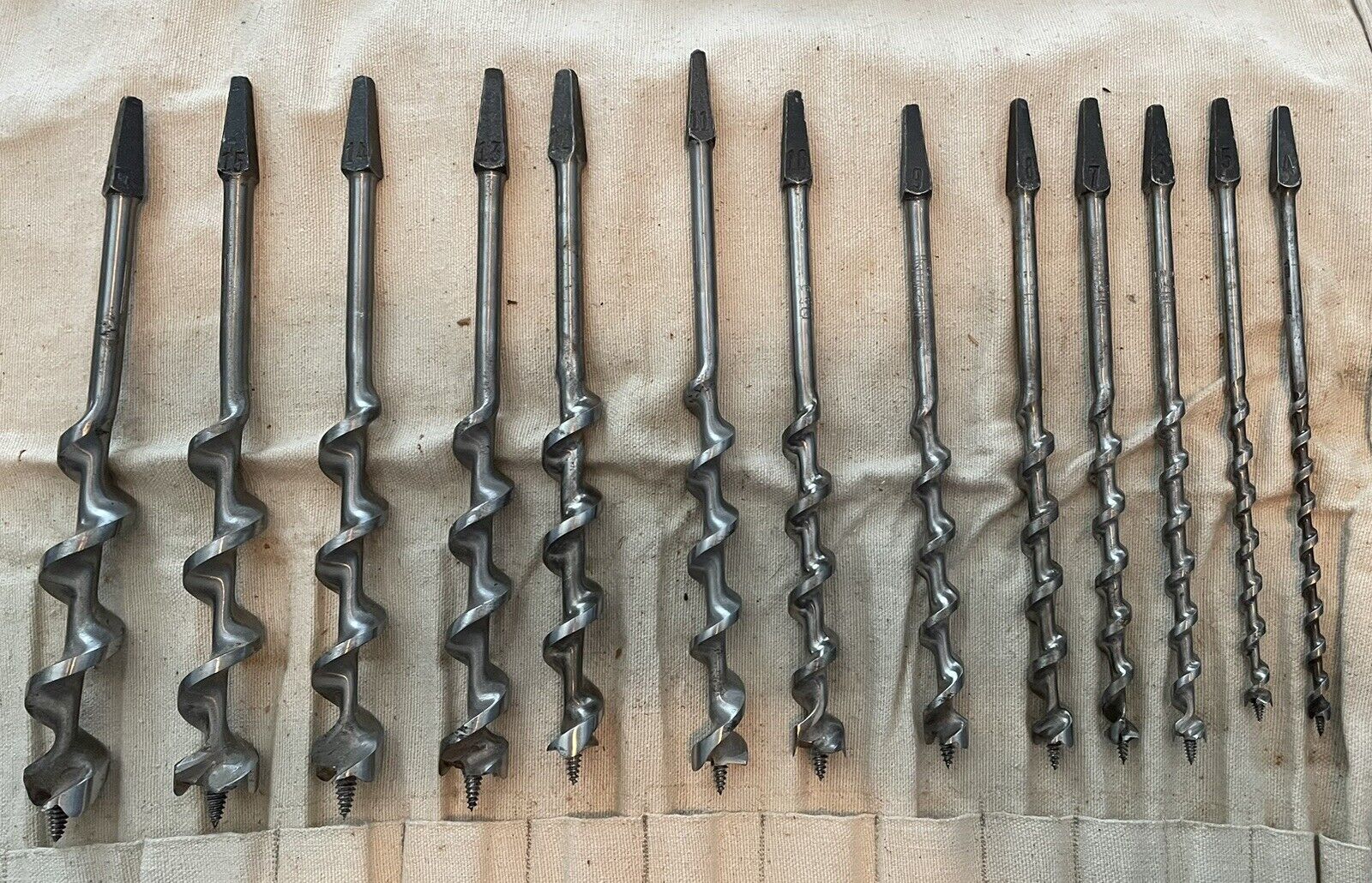 13 Pc Set Of Auger Bits w Canvas Storage Roll For Brace Hand Drill Irwin Stanley