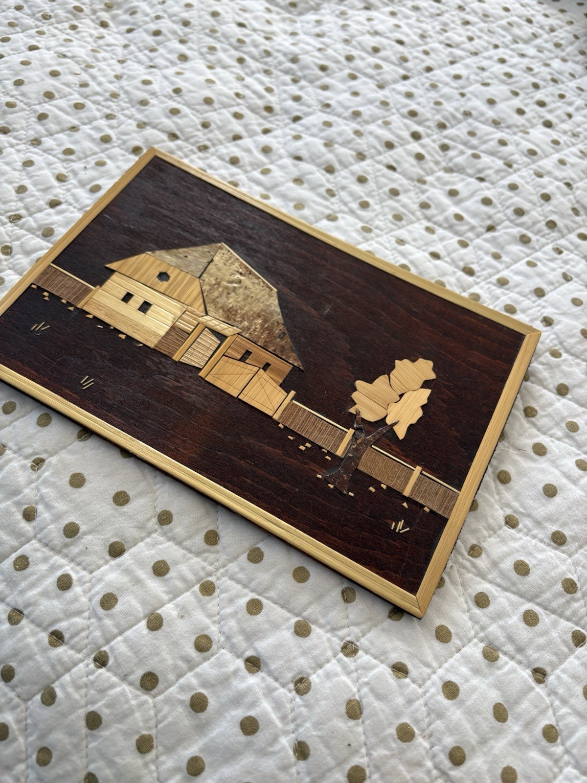 Vintage Polish Small Straw Art on Wood Board Folk Art 5.25”X8.25” Excellent Cond