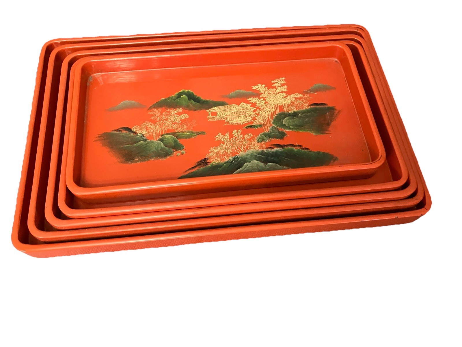 Vintage Antique Japanese ? Red Black Gold Lacquer Stacking Trays Set Of 5