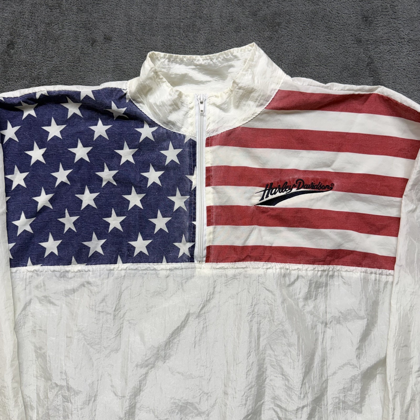 Vintage Harley Davidson Jacket Mens 3XL White Windbreaker 1/4 Zip Flag USA Made