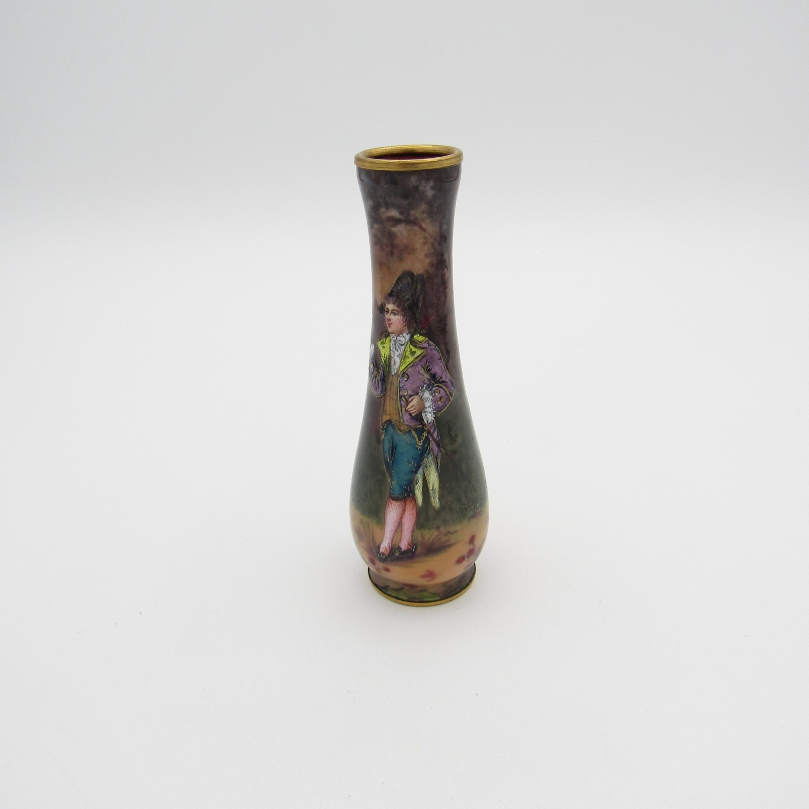 Antique Austrian Enamel Miniature Vase with Gentleman in His Finery