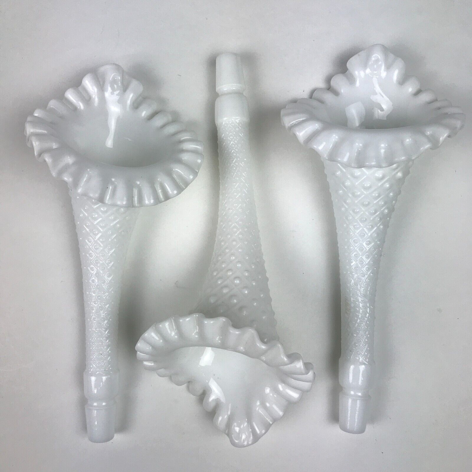 Fenton White Milk Glass Epergne Diamond and Lace Vases Replacement Horns Lot 3