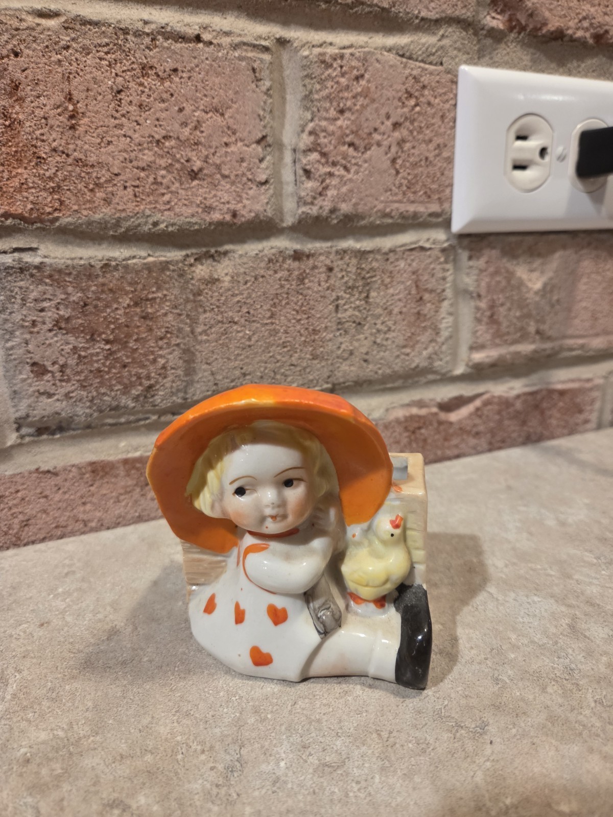 Vintage Japan Glazed Ceramic Girl Figurine Orange Hat Hearts Small. AS IS.