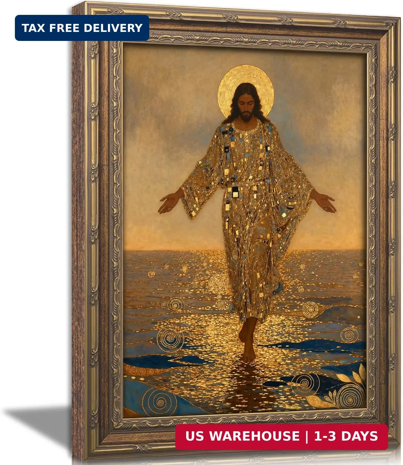 Vintage Gold Framed Jesus Wall Art, Jesus Walking On Water Canvas Print