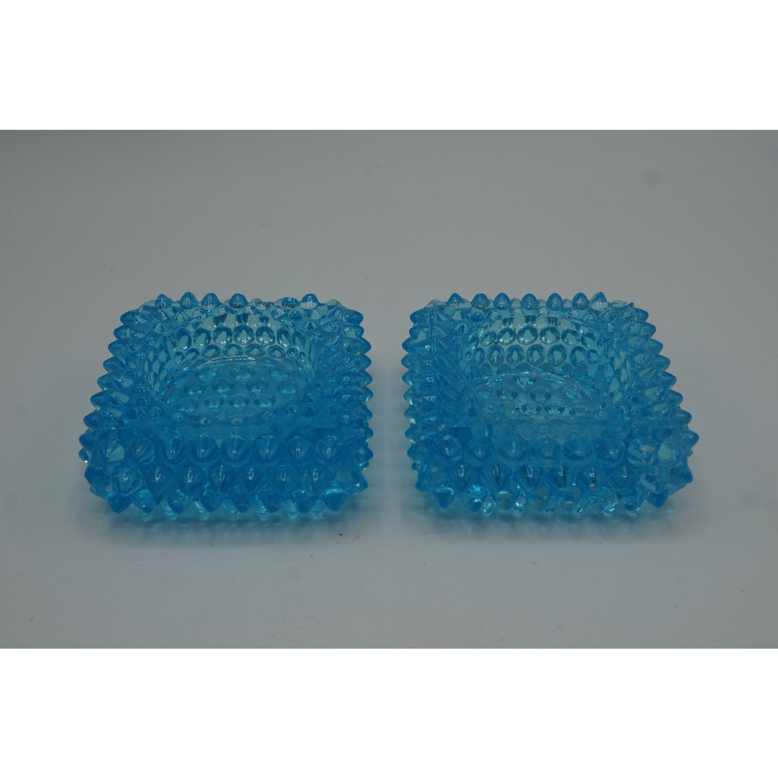 Aqua Blue Hobnail Glass Square Candle Holders Pair Mid Century Pressed Glass