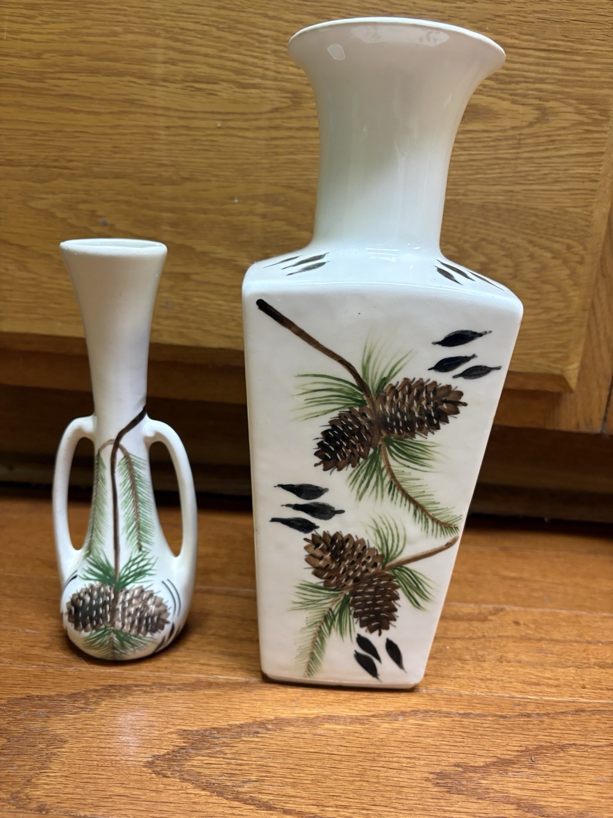 Vintage Pine Cone Vases 10-1/2” & 7-1/2” Tall Hand Painted Signed