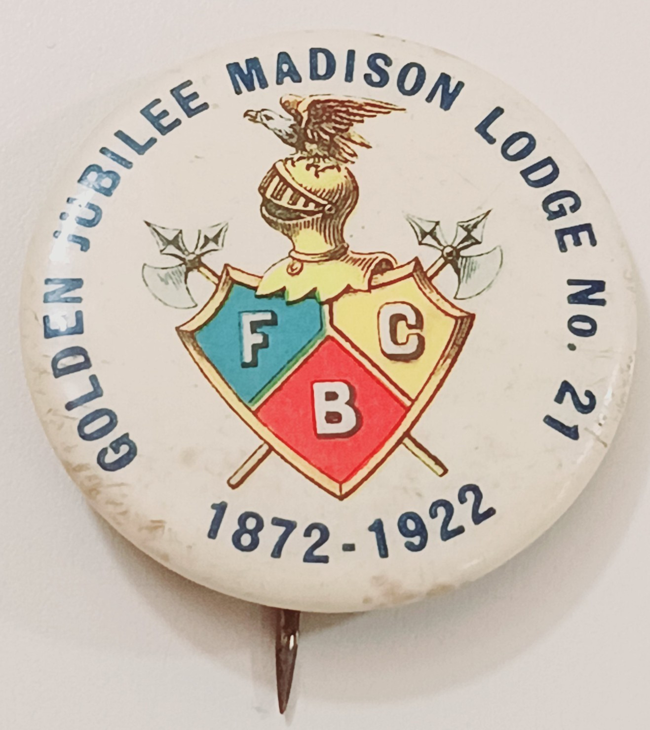 Vintage 1922 Knights of Pythias Madison Lodge 21 Golden Jubilee Pinback Button