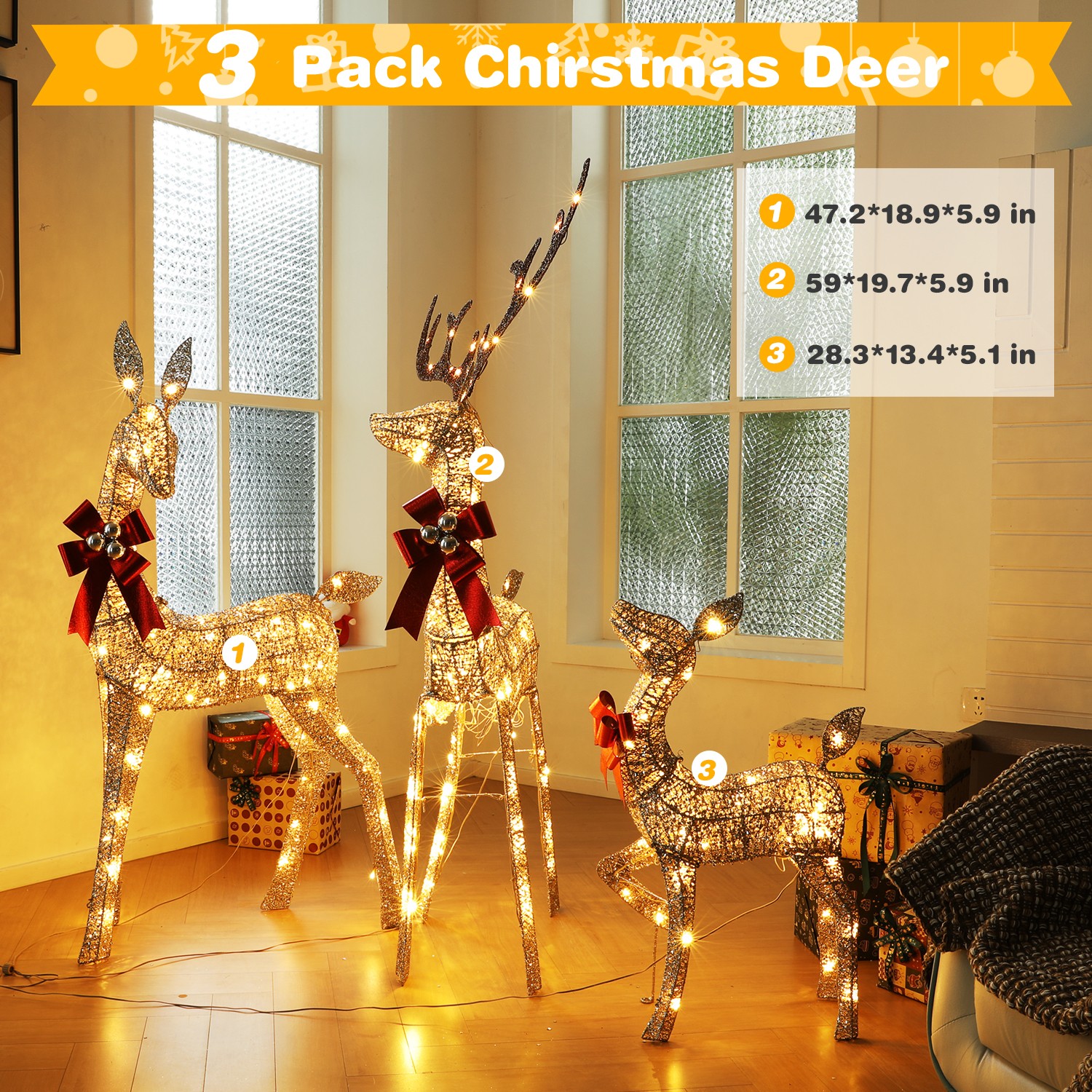3-Piece Large Lighted Christmas Deer Family Set Light Up Deer Figurines for Pati