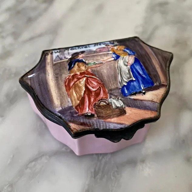 Antique Bilston Enamel Patch Box c1780 “New Mackrel” Cries London Pink Georgian