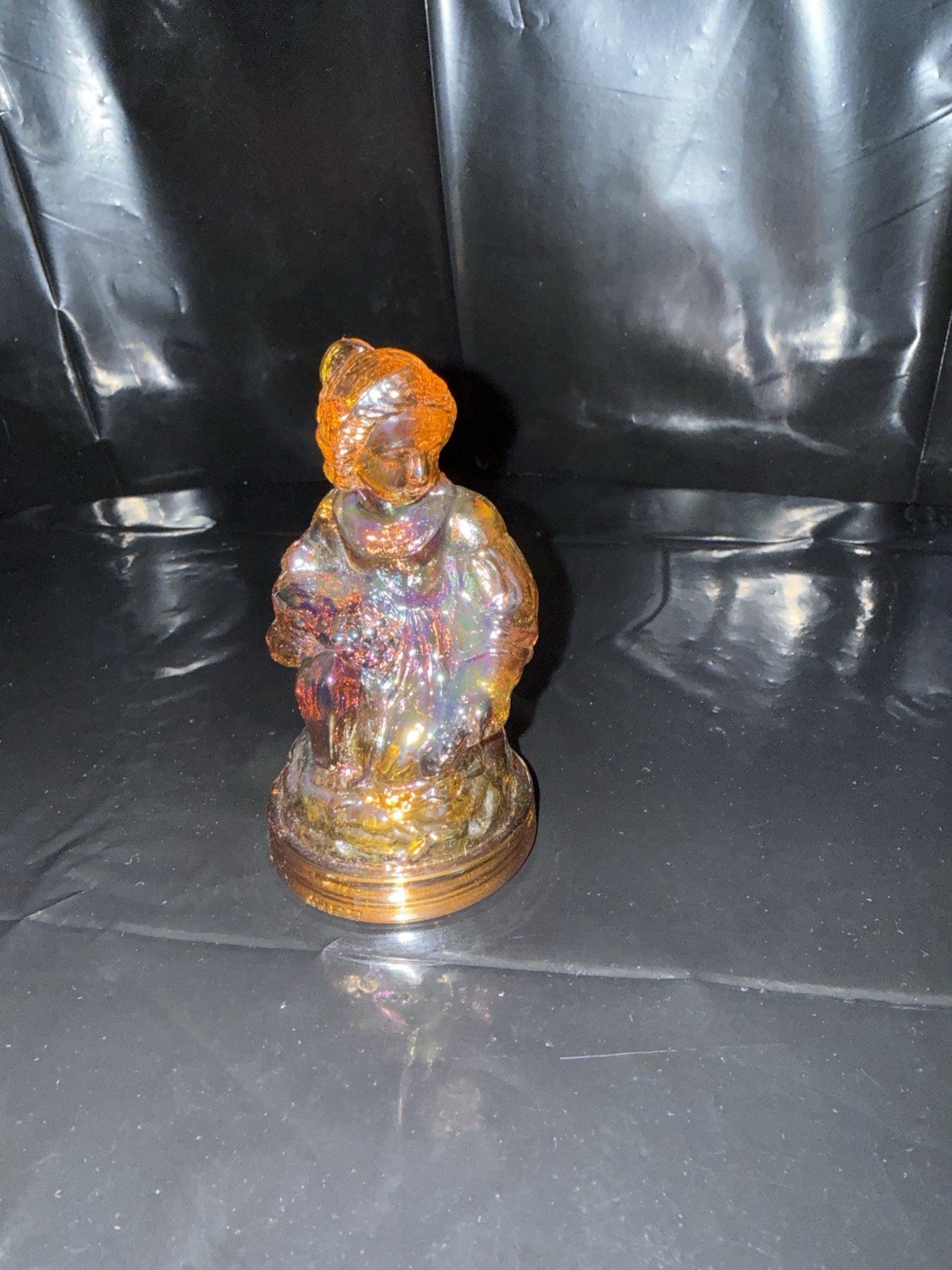 Boyd Glass Amber Carnival Lady Figurine Bell Iridescent Vintage Collectible