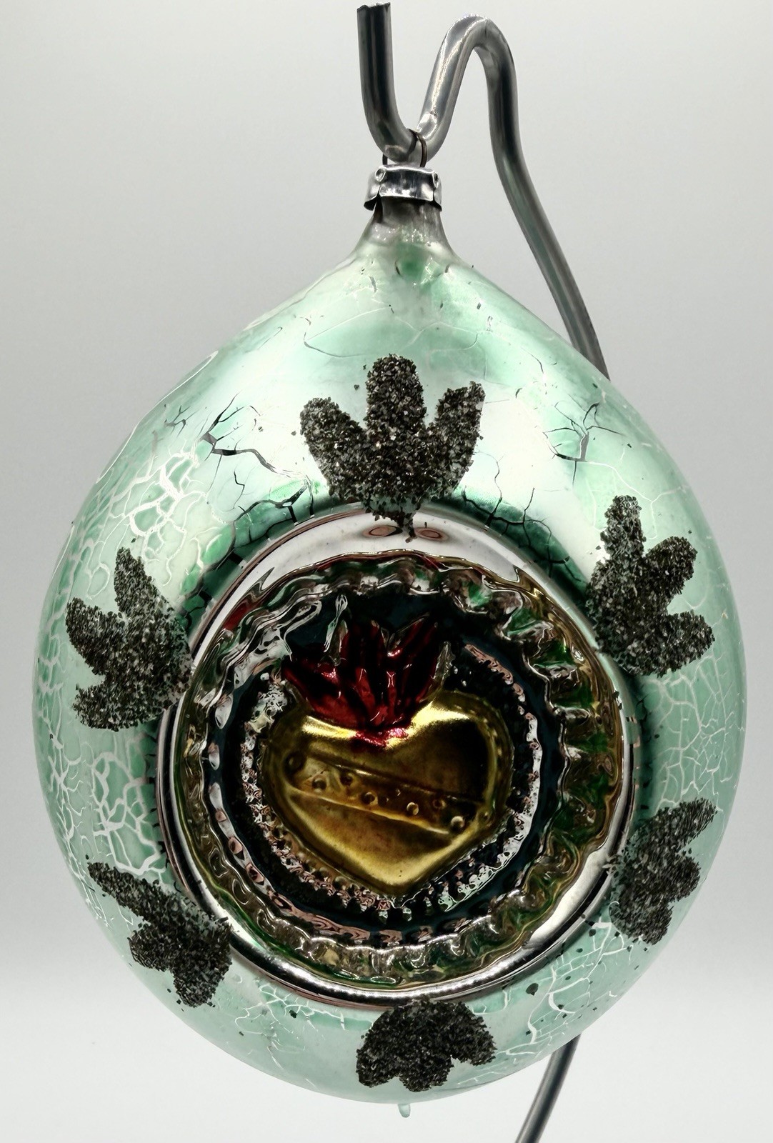Vtg West Germany 6” Jumbo Heart Reflector Indent Glass Christmas Drop Ornament